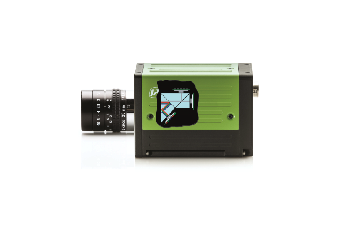JAI Fusion multispectral camera side view with graphic overlay demonstrating how light path is split onto multiple sensors