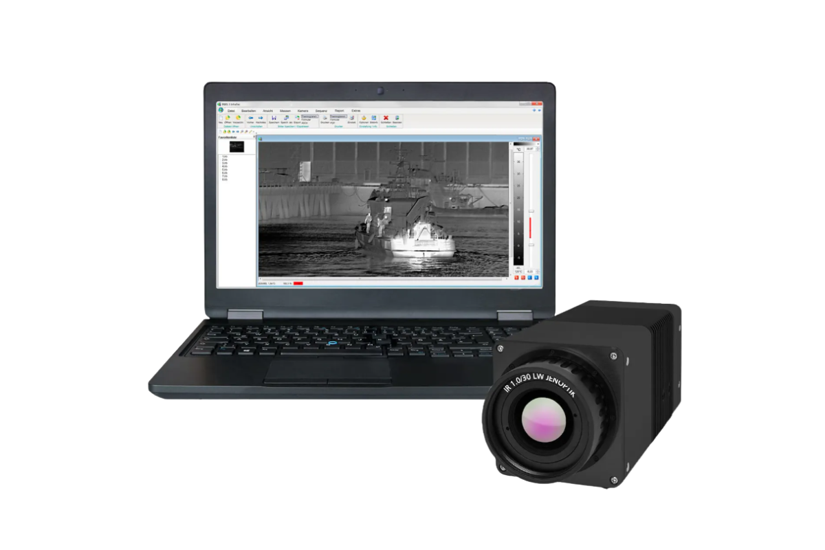 InfraTec VarioCAM HD head security 900 camera beside a laptop displaying the IRBIS 3 user interface