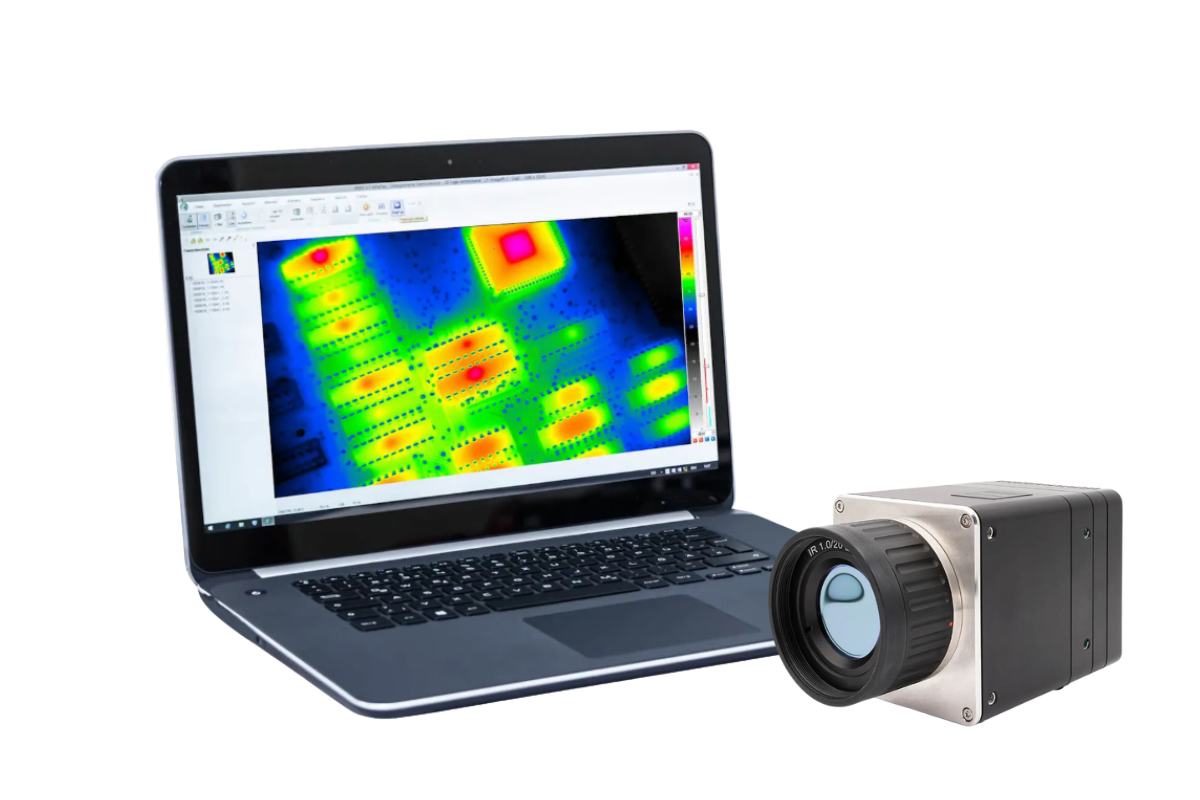 VarioCAM HDx head S camera beside a laptop displaying the IRBIS 3 user interface