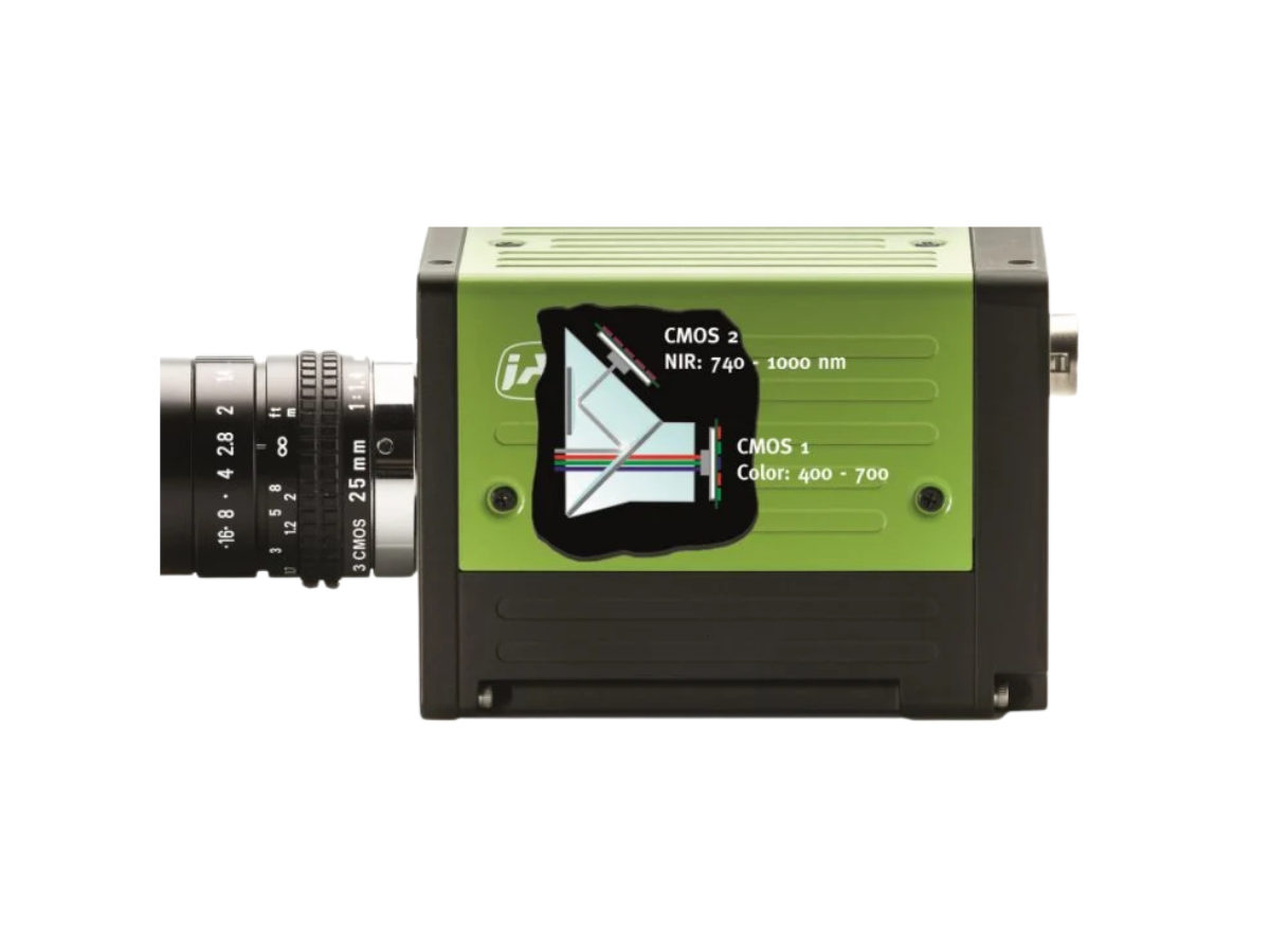 JAI Fusion Series multispectral camera side view with mounted objective lens