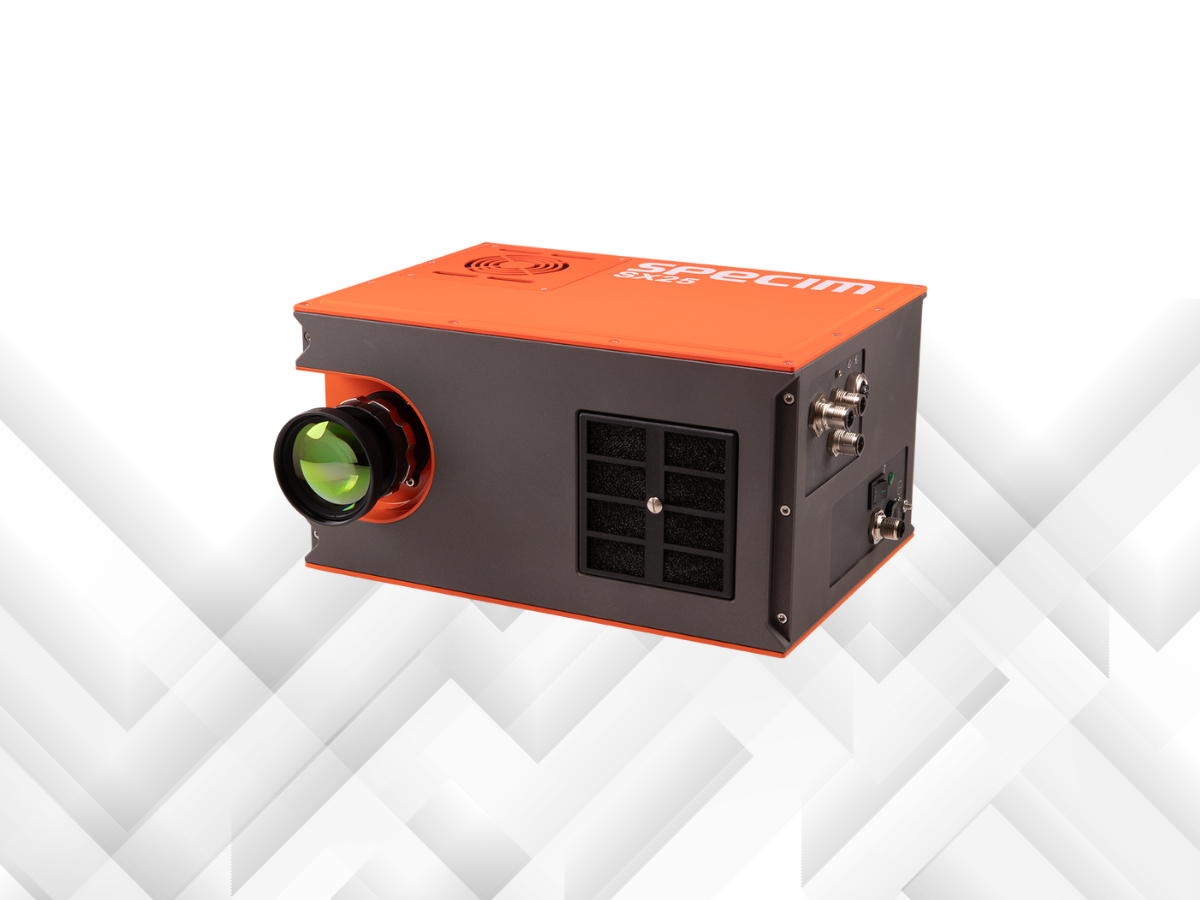 Specim SX25 Hyperspectral SWIR camera, orange and grey with mounted objective lens, front side view