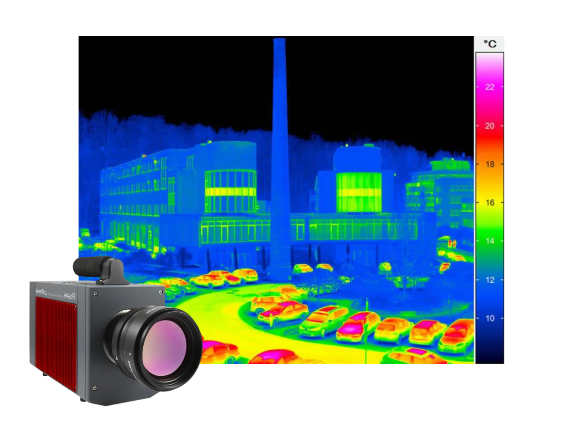 InfraTec ImageiR 10300 camera beside a thermal image of a building and parking lot