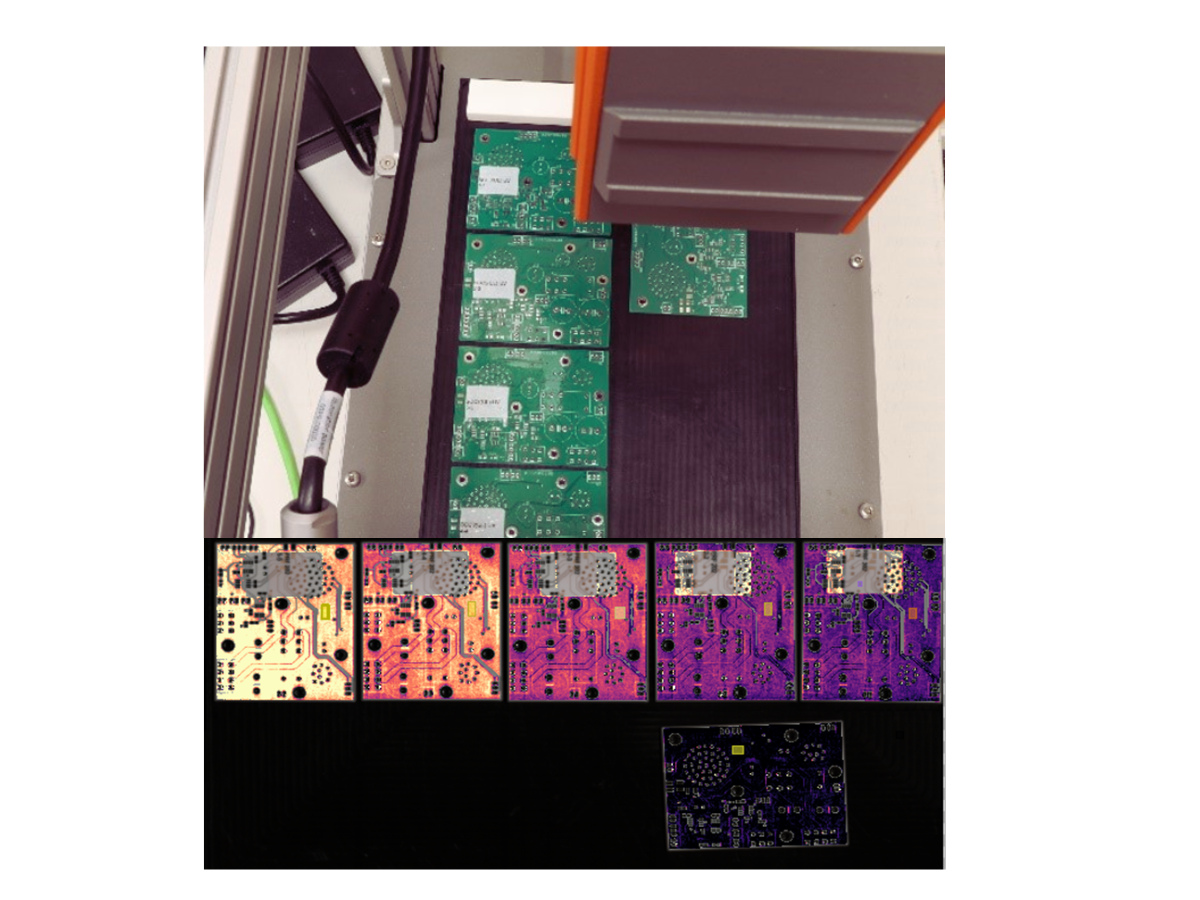 PCBs on the Specim LabScanner beside a spectral image showing differences in surface coating