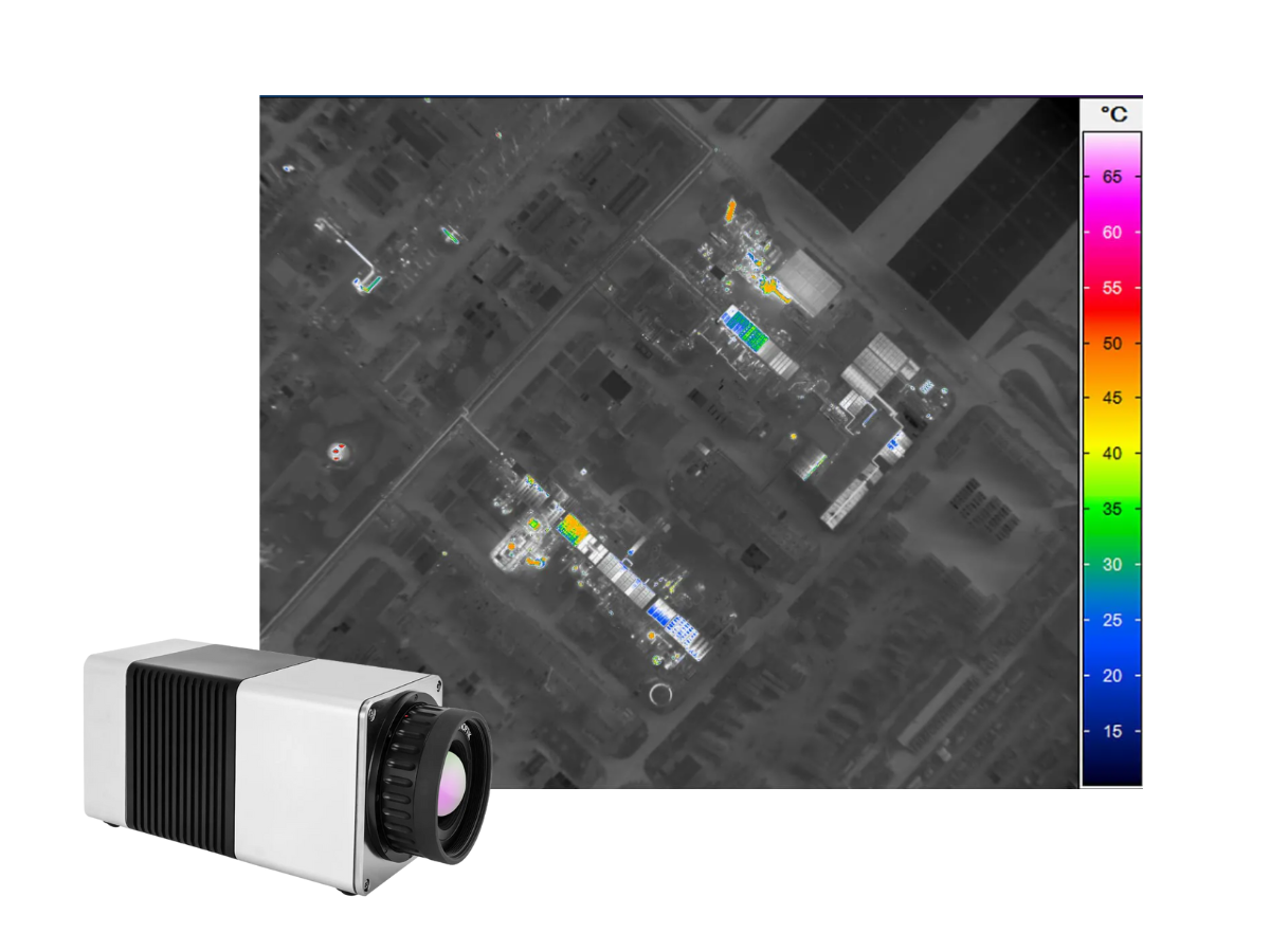 InfraTec VarioCAM HD head 900 camera beside an airborne thermal image of buildings
