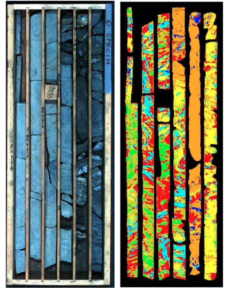 RGB image of drill core beside LWIR image of drill core